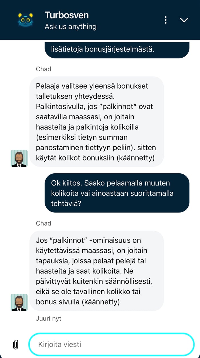 Turbosvenin asiakastuen vastaus live-chatissa.