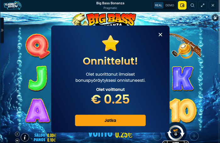 Big Bass Bonanza peli Turbosven-kasinolla 0,25 euron voitolla.