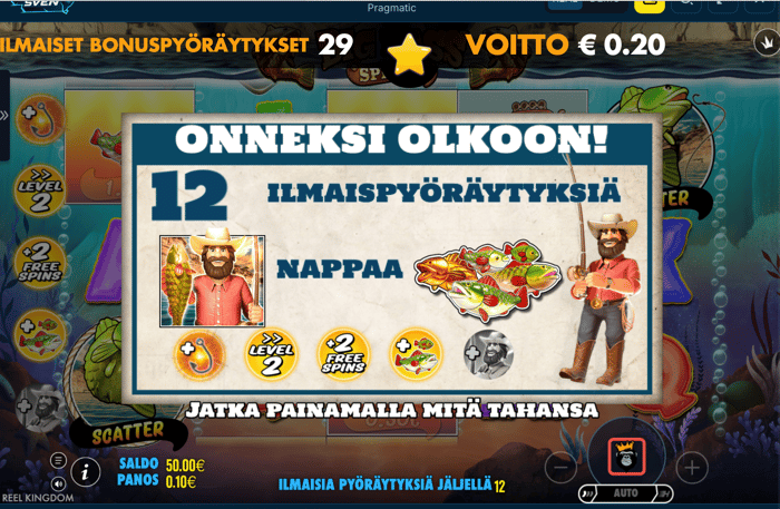 12 ilmaiskierrosta Big Bass Splash -peliin Turbosven Casinolla.