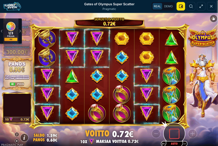 Pelinäkymä Gates of Olympus Super Scatter -pelissä Turbosven-kasinolla 0,72 euron voitolla..