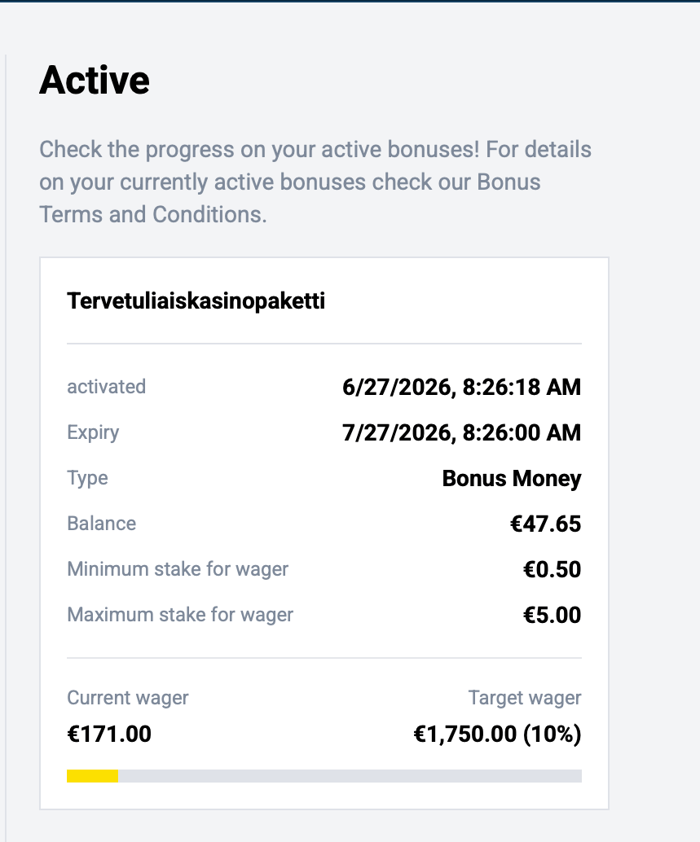 Turbosven Casinon kierrätysmittari 171 euron tasolla.
