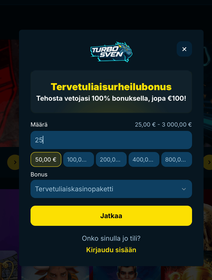 Talletuslomake Turbosven-kasinolla.