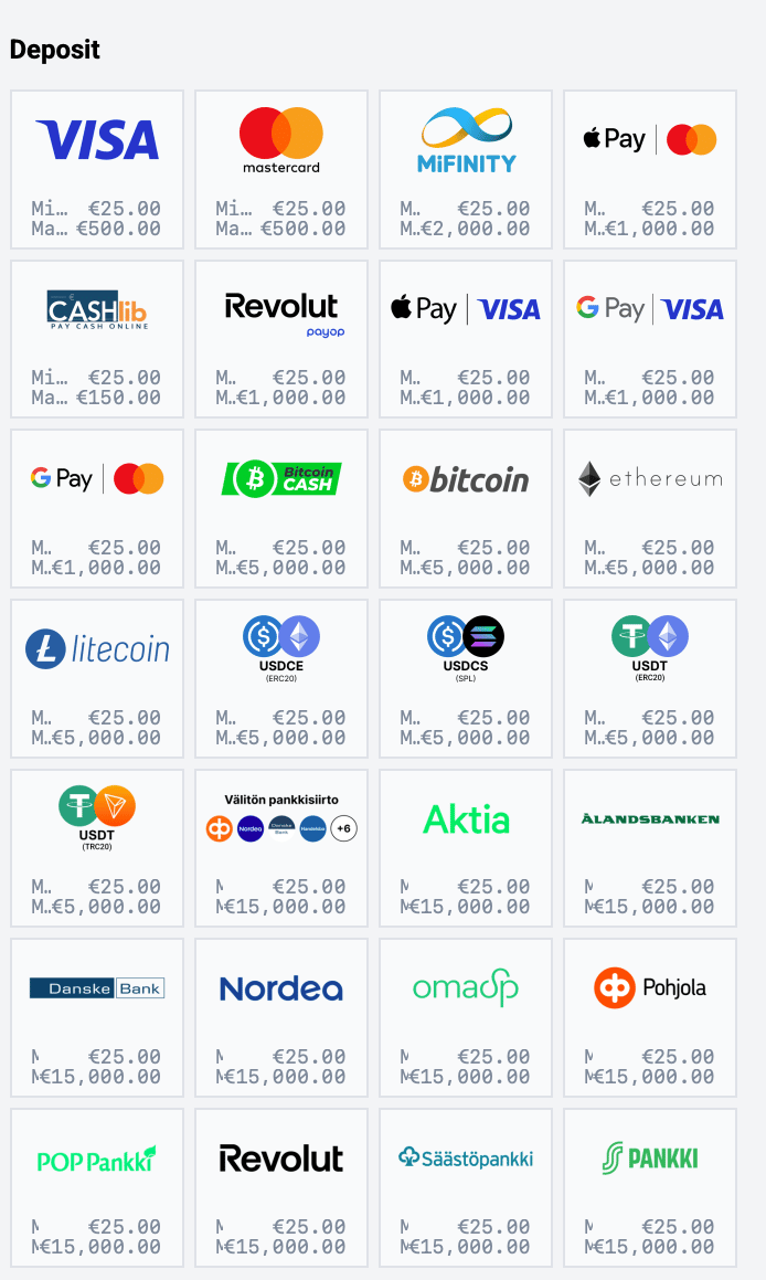 Talletustapojen lista ja maksurajoitukset Turbosven kasinolla.