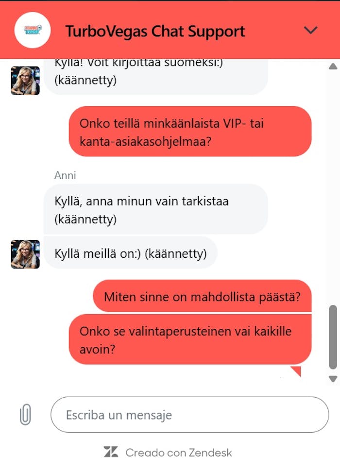 Turbo Vegas kasinon asiakastuki palveli suomeksi vain käännöstyökalulla.