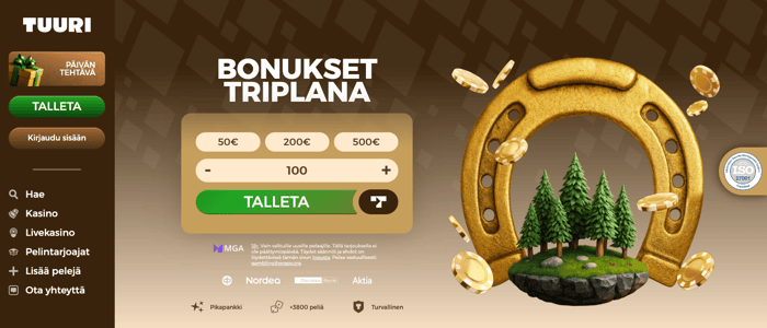 Tuuri kasinon etusivun talletuslomake ja sivupalkki.