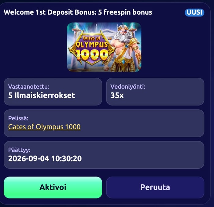 Ikkuna, jossa näkyy viisi ilmaiskierrosta Gates of Olympus 1000 -peliin.