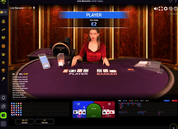 Live Baccarat -pöytä Drakaris Casinolla: pelaajan voitto 2 €.