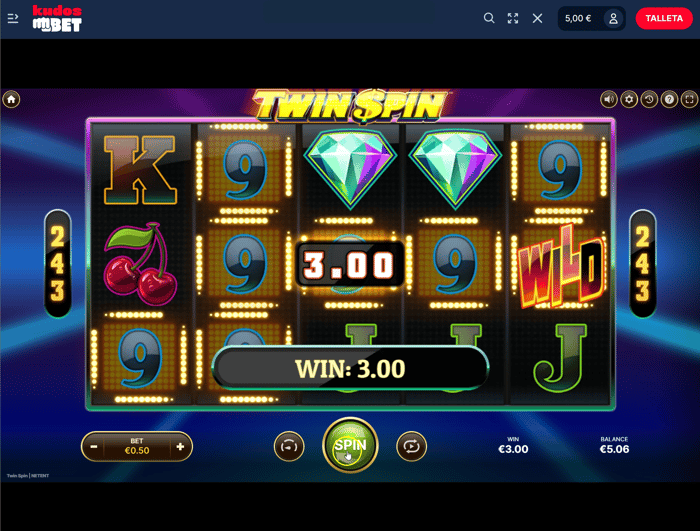 Twin Spin -pelissä saatu 3 euron voitto Kudos Betissä 0,50 euron panoksella.