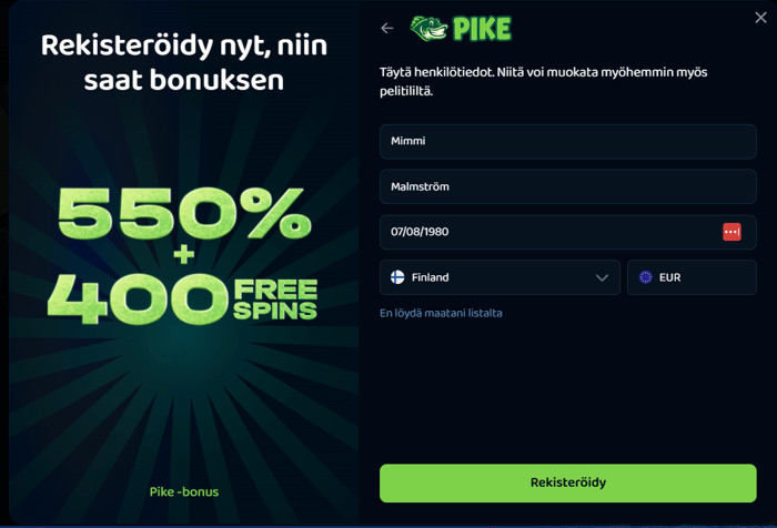 Pike Casinon toinen rekisteröitymislomake.