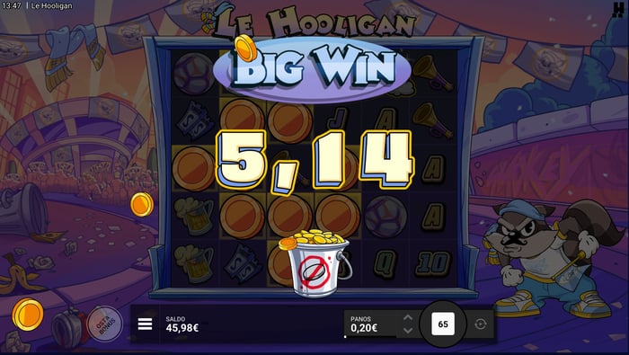 Kuva, jossa näkyy 5,14 € voitto Le Hooligan -pelissä.