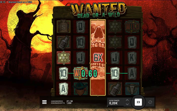 Kuva, jossa näkyy 0,60 € voitto Wanted Dead or A Wild -pelistä.