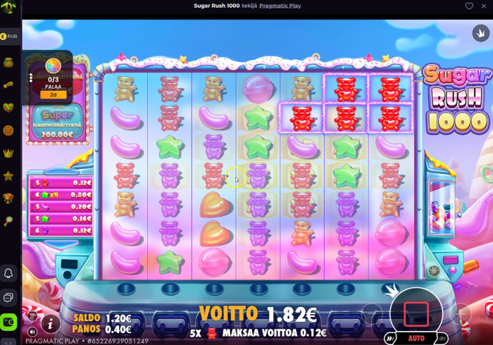 Sugar Rush 1000 -kolikkopelin 1,82 €:n voitto 0,40 €:n panoksella Drakaris Casinolla.
