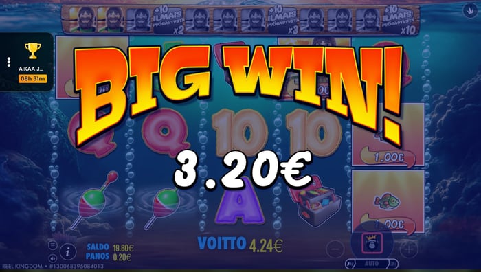 Hurmio-kasinon Big Bass Bonanza 1000 -pelissä saatu 3,20 euron Big Win -voitto