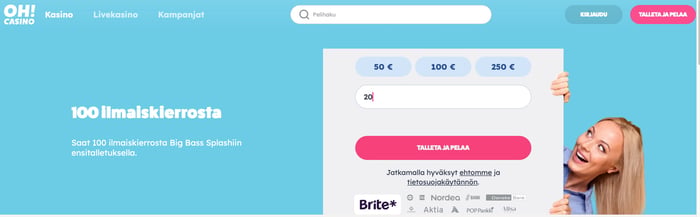 Talletuslomake 20 euron summalla Oh Casinolla.