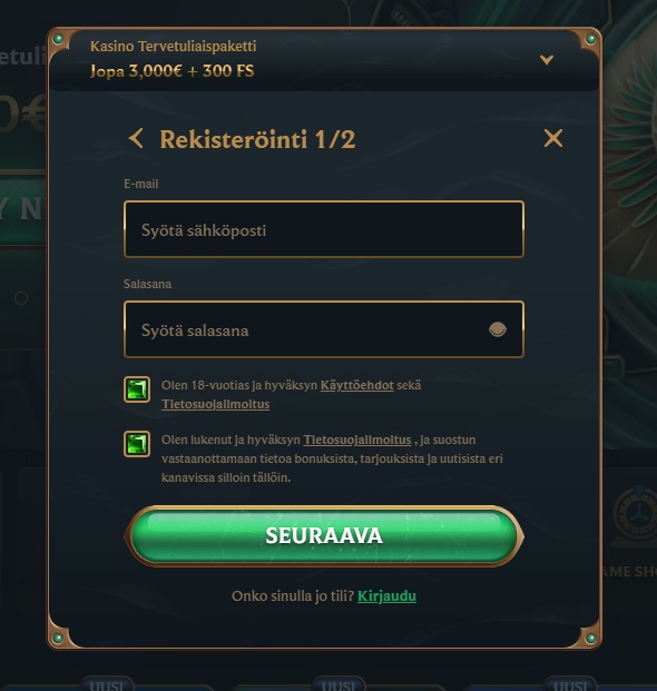 Talismania Casinon rekisteröinnin ensimmäinen vaihe, jossa syötetään sähköpostiosoite ja salasana.
