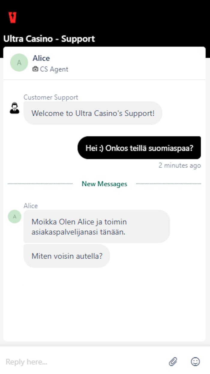 Chat-keskustelu Ultra Casinolla.