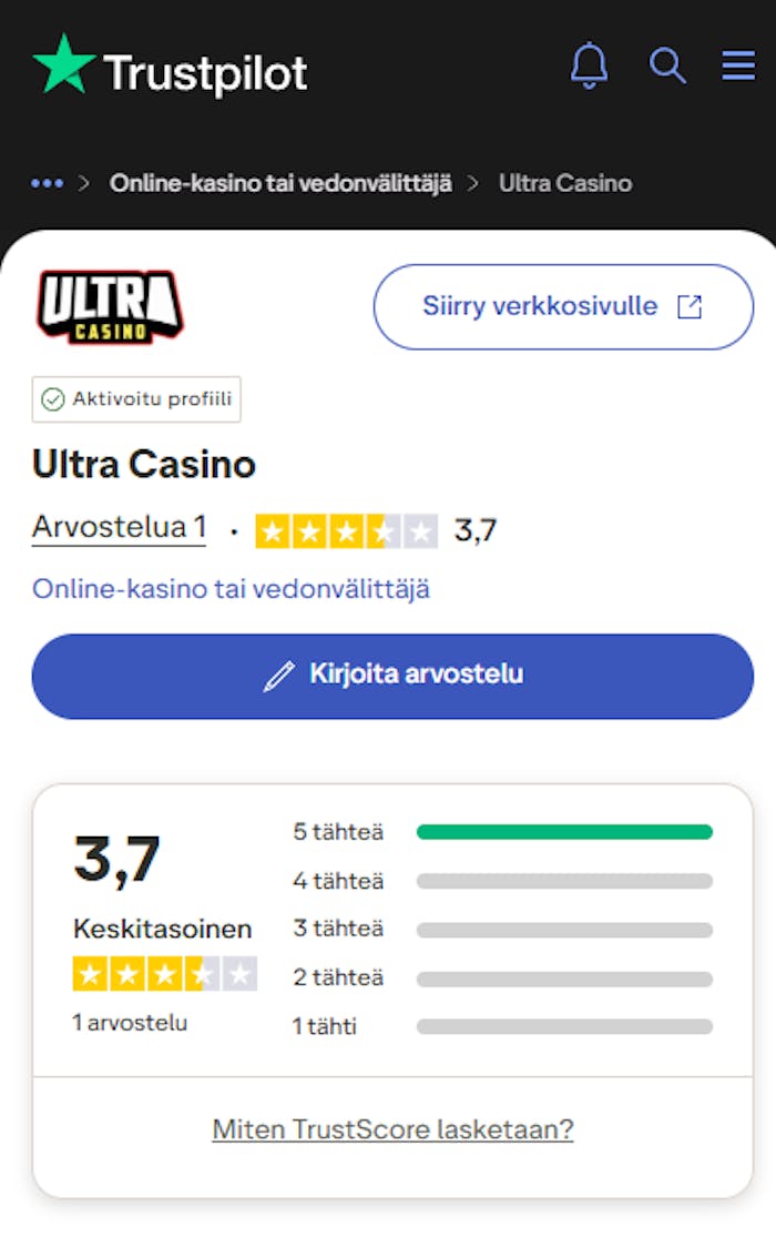 Yhteenveto Ultra Casinon Trustpilot-arvosteluista.