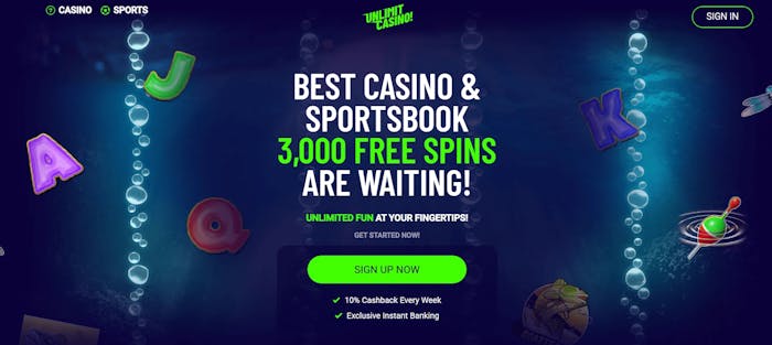 Unlimit Casinon etusivu tarjoaa tervetulobonusta, joka ei ole suomalaispelaajien saatavilla.