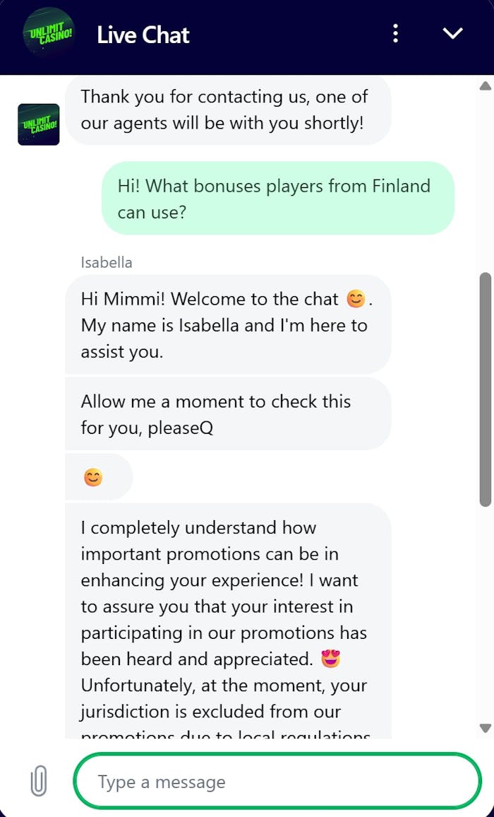 Unlimit Casino live chat suomalaisille pelaajille sopivista bonuksista.