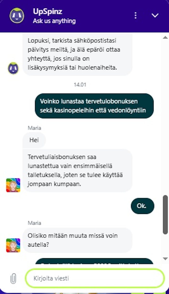 UpSpinz asiakaspalvelu vastaa suomeksi