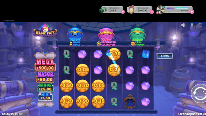 Kuvakaappaus Urho Kasinon 3 Magic Pots -pelistä, jossa näkyy 7,46 € käteissaldo ja 20 € bonussaldo.