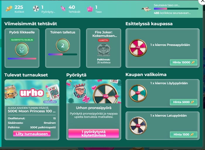 Kuvakaappaus Urho Areenasta, jossa näkyy kolikot, tehtävät, tasojärjestelmä, tuleva turnaus Moon Princess -pelissä sekä Urhon pronssipyörän pyöräytys ja kaupan valikoima.