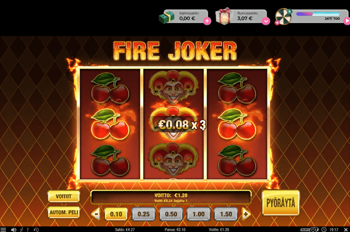 Kuvakaappaus Urho Kasinon Fire Joker -pelistä, jossa bonuskierrosten saldo on 3,07 € ja voitto 1,20 €.