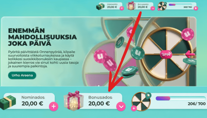 Kuvakaappaus Urho Kasinon saldo-näkymästä, joka näyttää erikseen 20 € käteissaldon ja 20 € bonussaldon.