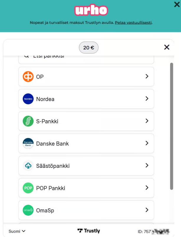 Kuvakaappaus Urho Kasinon Trustly-talletussivusta, jossa näkyy 20 euron talletussumma ja saatavilla olevat pankit: OP, Nordea, S-Pankki, Danske Bank, Säästöpankki, POP Pankki ja OmaSp.