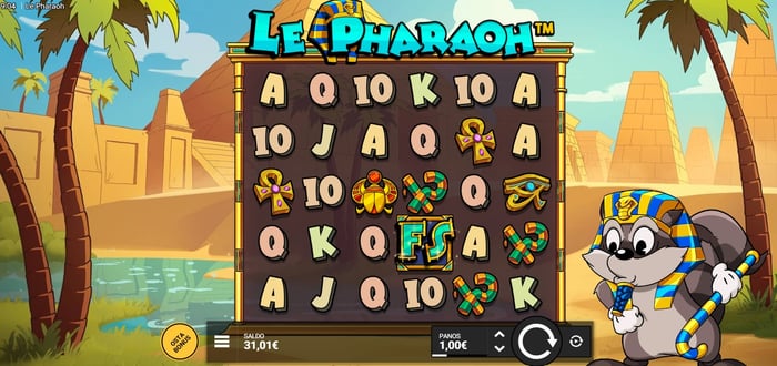 Kuvakaappaus Urho Kasinon Le Pharaoh -pelistä, jossa näkyy 31,01 € saldo ja 1 € panos.