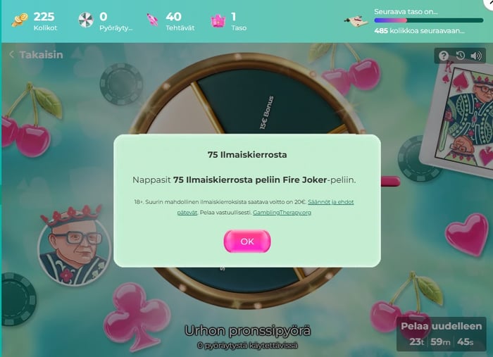 Kuvakaappaus Urho Kasinon pronssipyörästä ja 75 ilmaiskierroksen voitosta Fire Joker -peliin.