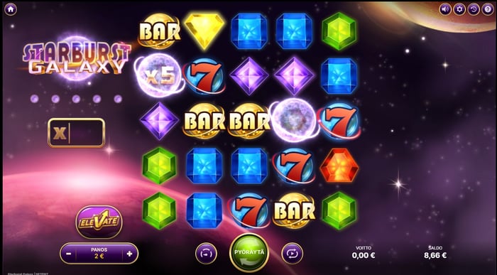 Kuvakaappaus Urho Kasinon Starburst Galaxy -pelistä, jossa näkyy 8,66 € saldo ja 2 € panos.