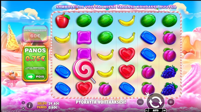 Kuvakaappaus Urho Kasinon Sweet Bonanza -pelistä, jossa näkyy 39,40 € saldo ja 0,60 € panos.