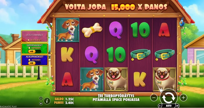 Kuvakaappaus Urho Kasinon The Dog House Megadog -pelistä, jossa näkyy 1,25 € saldo ja 2,40 € panos.