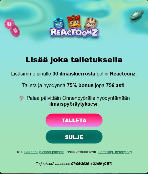 Kuvakaappaus Urho Kasinon talletustarjouksesta: 30 ilmaiskierrosta Reactoonz-peliin ja 75 % bonus.