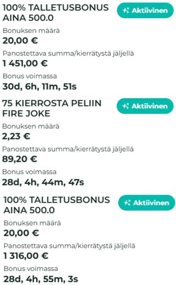 Kuvakaappaus Urho Kasinon aktiivisista bonuksista, jossa näkyy talletusbonuksen kierrätystä jäljellä 1 451 € ja 1 316 € sekä ilmaiskierrosten kierrätystä jäljellä 89,20 €.