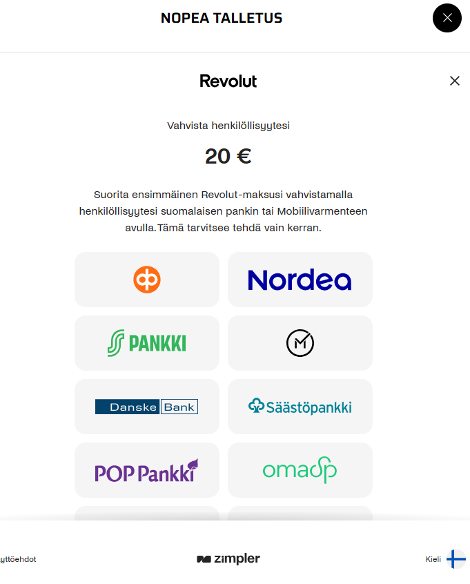 Zimplerin kautta tarjolla olevat pankkivaihtoehdot Hurjaa Casinolla.