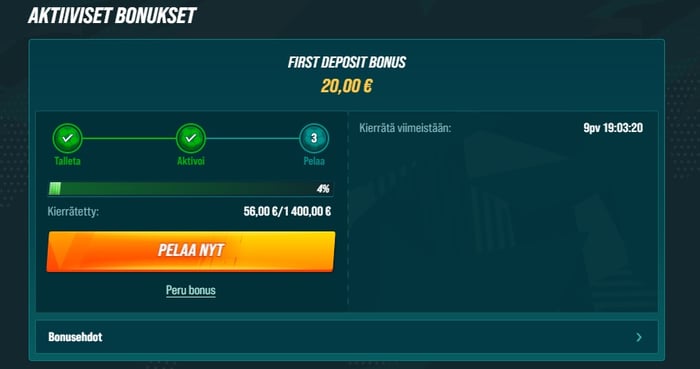 Aktiiviset bonukset -näkymä Golisimo-kasinolla, jossa näkyy ensitalletusbonuksen kierrätysedistyminen 4 % (56,00 € / 1 400,00 €).