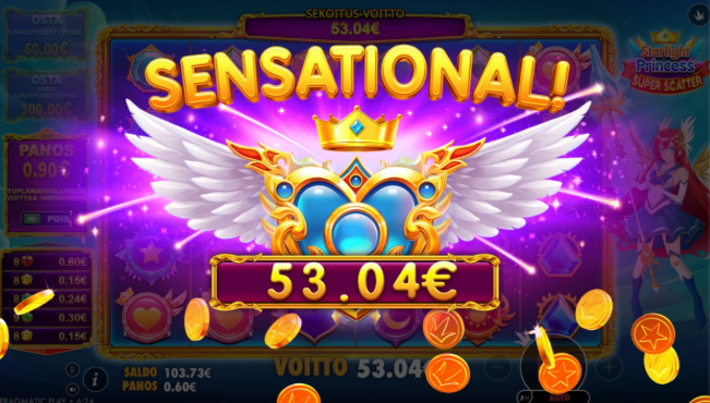 Iso 53,04 euron voitto Starlight Princess Super Scatter -pelistä.