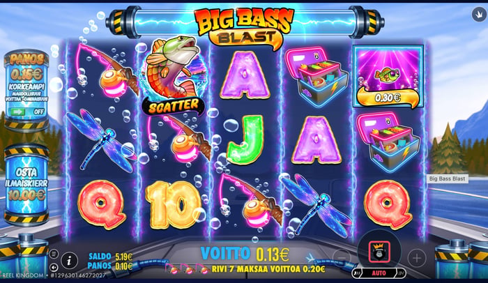 Kuva, jossa näkyy 0,13 € voitto Big Bass Blast -pelistä.