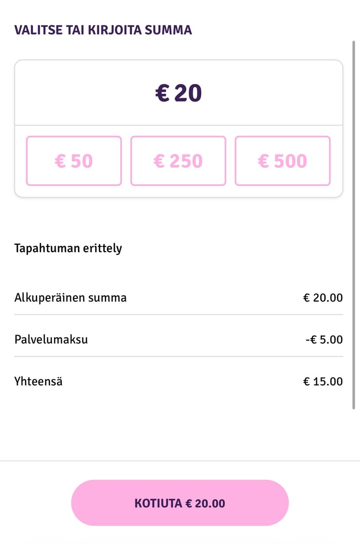 20 euron nostopyynto Possu-kasinolta 5 euron palvelumaksulla.
