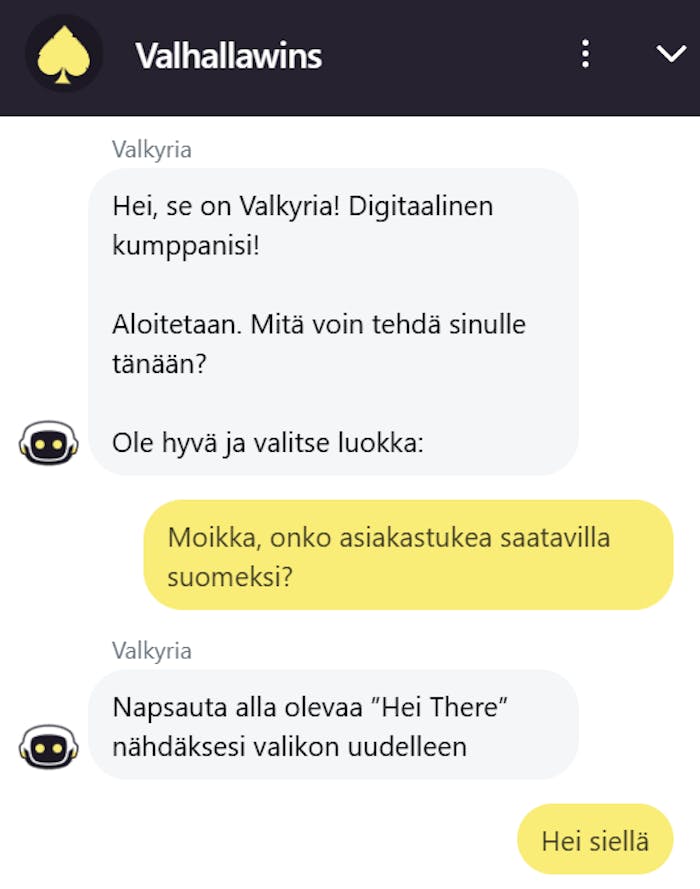 Valhalla Wins asiakaspalveluchat