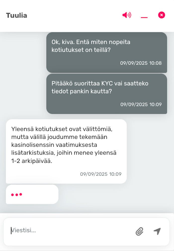 Vauhti Casinolla live-chat toimii suomeksi