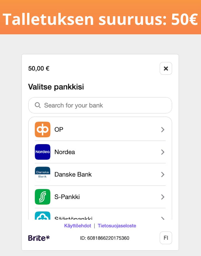 Vauhti Casinolle rekisteröidytään verkkopankin ja Briten kautta