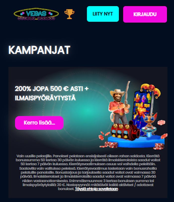 Vegasmobile kasinon kampanjat esiteltynä.