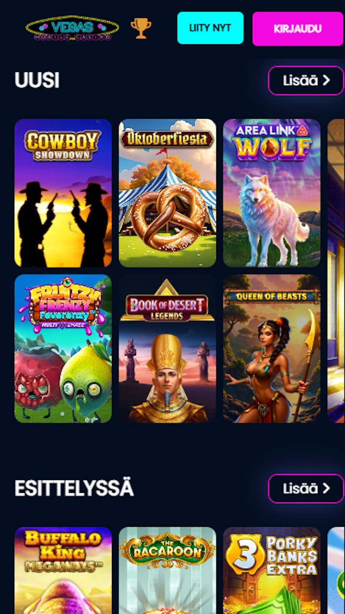 Vegasmobile kasinon peliaula, jossa on esimerkiksi esittelyss?-kategoria.