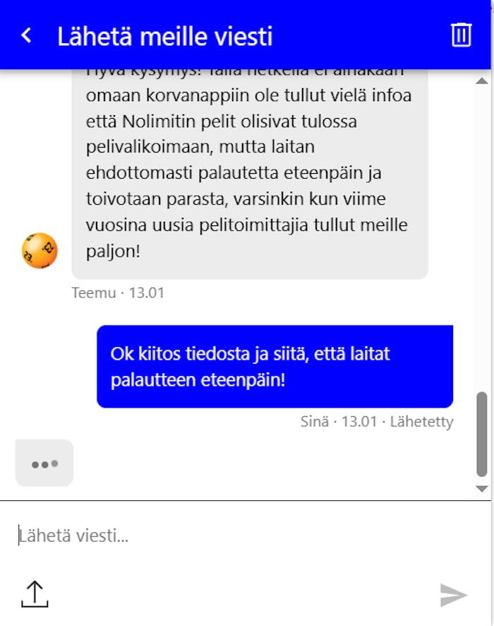 Veikkauksen live chat palvelee täysin suomeksi.