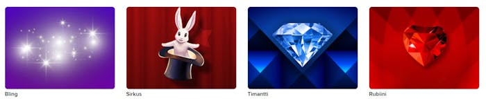 Veikkauksen eBingot, joissa teemat Bling (kimallus), Sirkus (taikurin hattu ja kani), Timantti ja Rubiini (rubiinisydän).