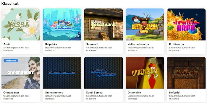 Veikkauksen Klassikot-kategoriassa näkyy raaputusarpoja kuten Ässä, Kulta-Jaska, Onnensanat ja Kaksi Samaa.