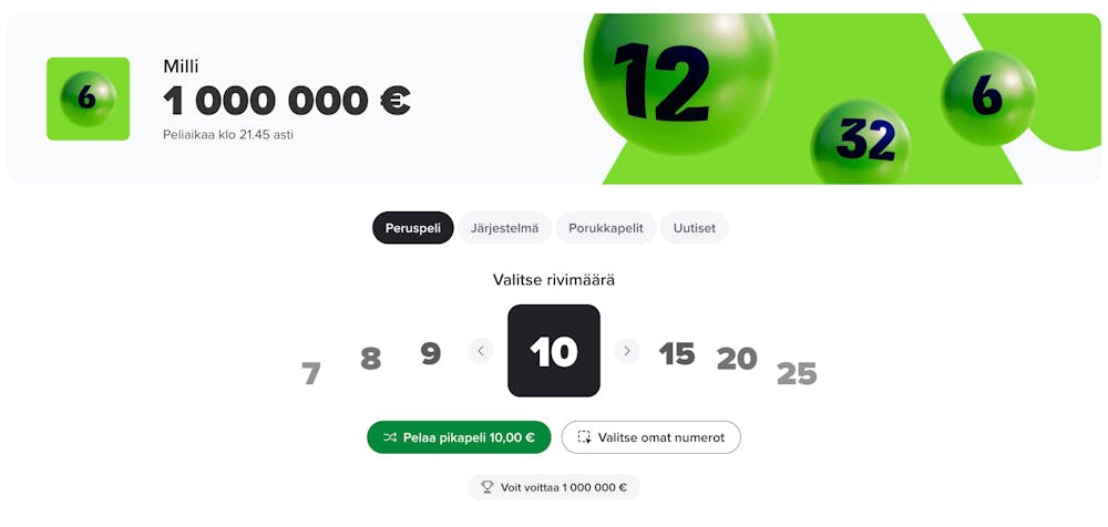 Milli-lottopeli Veikkauksen nettisivuilla